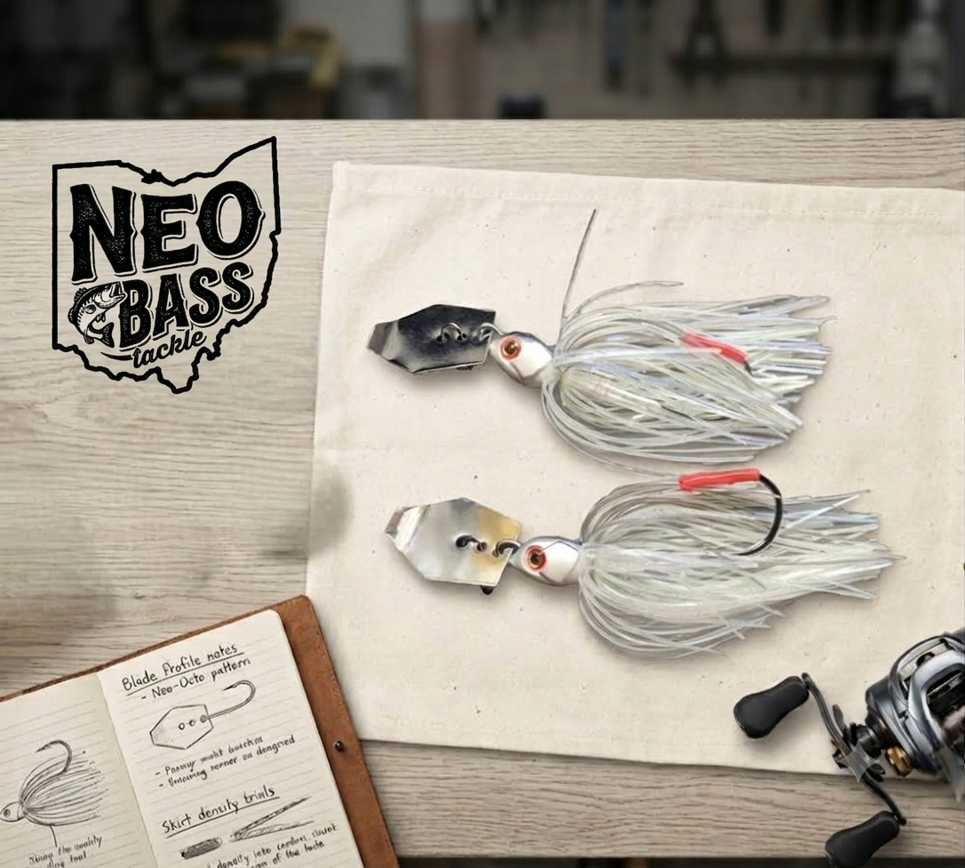 NeoBassTackle Chatter Wagon Pearl Vibes bladed jig with translucent skirt and silver blade on display cloth